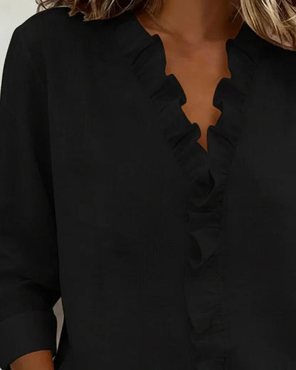 Blouse with ruffled V-neck and long sleeves for women | Indie